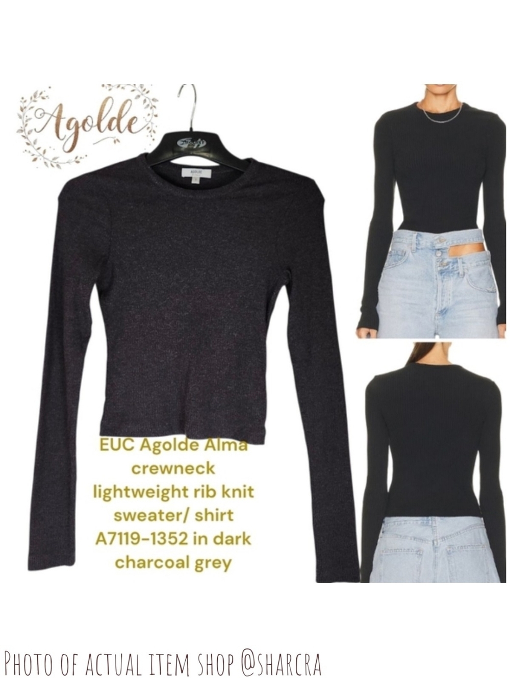 Agolde Alma crewneck A7119-1352 Lightweight Ribbed Knit Shirt Dark Grey Women S
